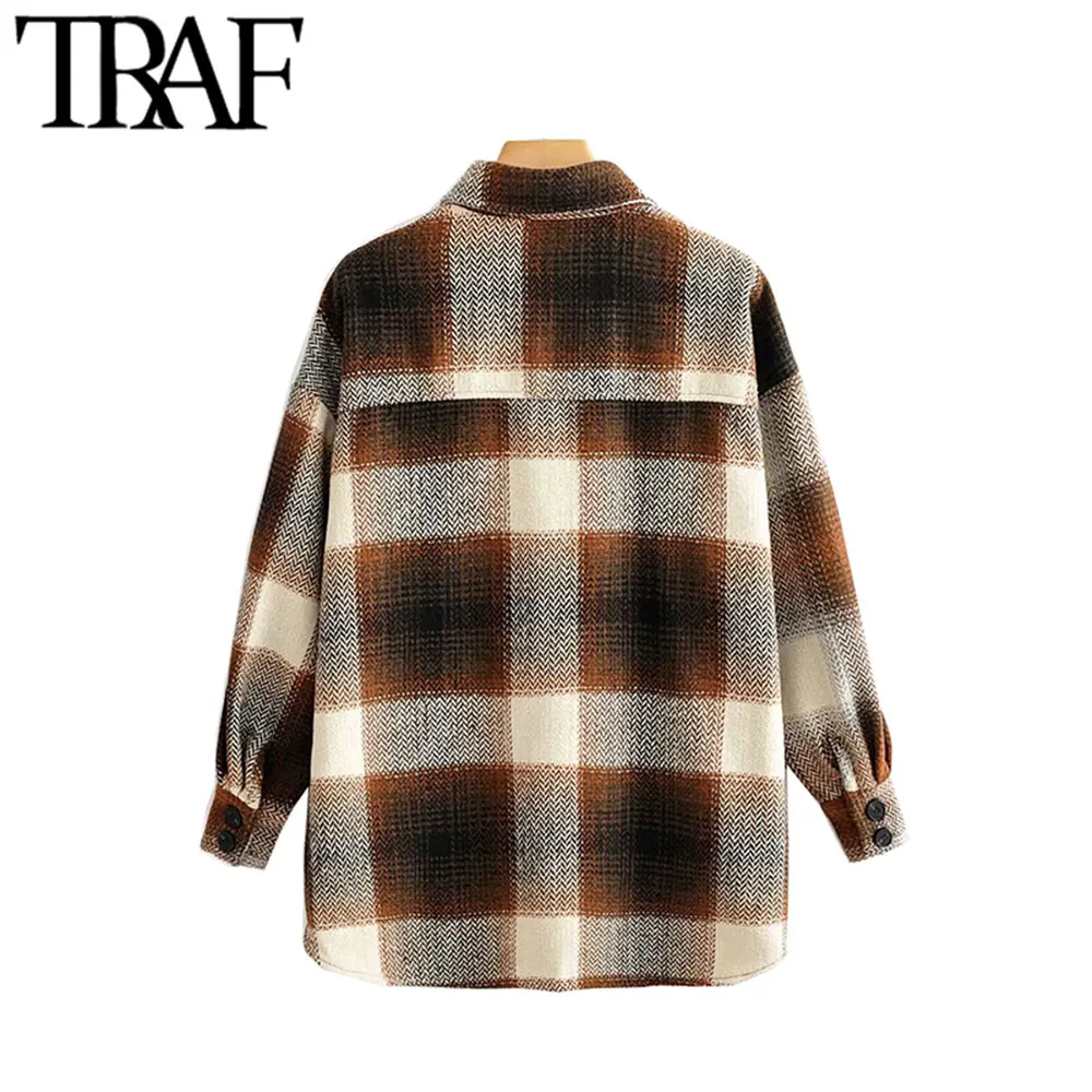 discount  TRAF Women Vintage Stylish Pockets Oversized Plaid Jacket Coat Fashion Lapel Collar Long Sleeve Loo