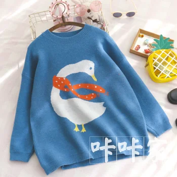 

Autumn Winter Japanese Soft sister pullover Teenage heart Scarf Big White Goose Jacquard Loose Pullover Knitten Sweater Female