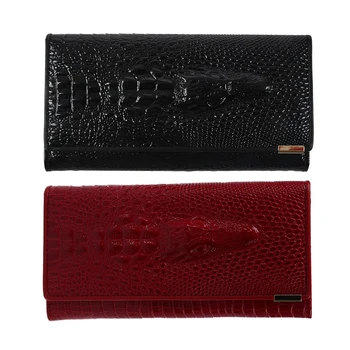 

2x Women Coin Purses Holders Patent Leather 3D Embossing Alligator Ladies Crocodile Long Clutch Wallets(Black&Red)