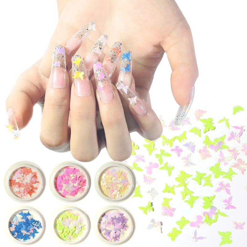 

1 Box Nail Color Flowers Fluorescence Butterfly Wood Pulp Piece Mix Nail Jewelry Patch 3D Nail Art Decoration Accessories