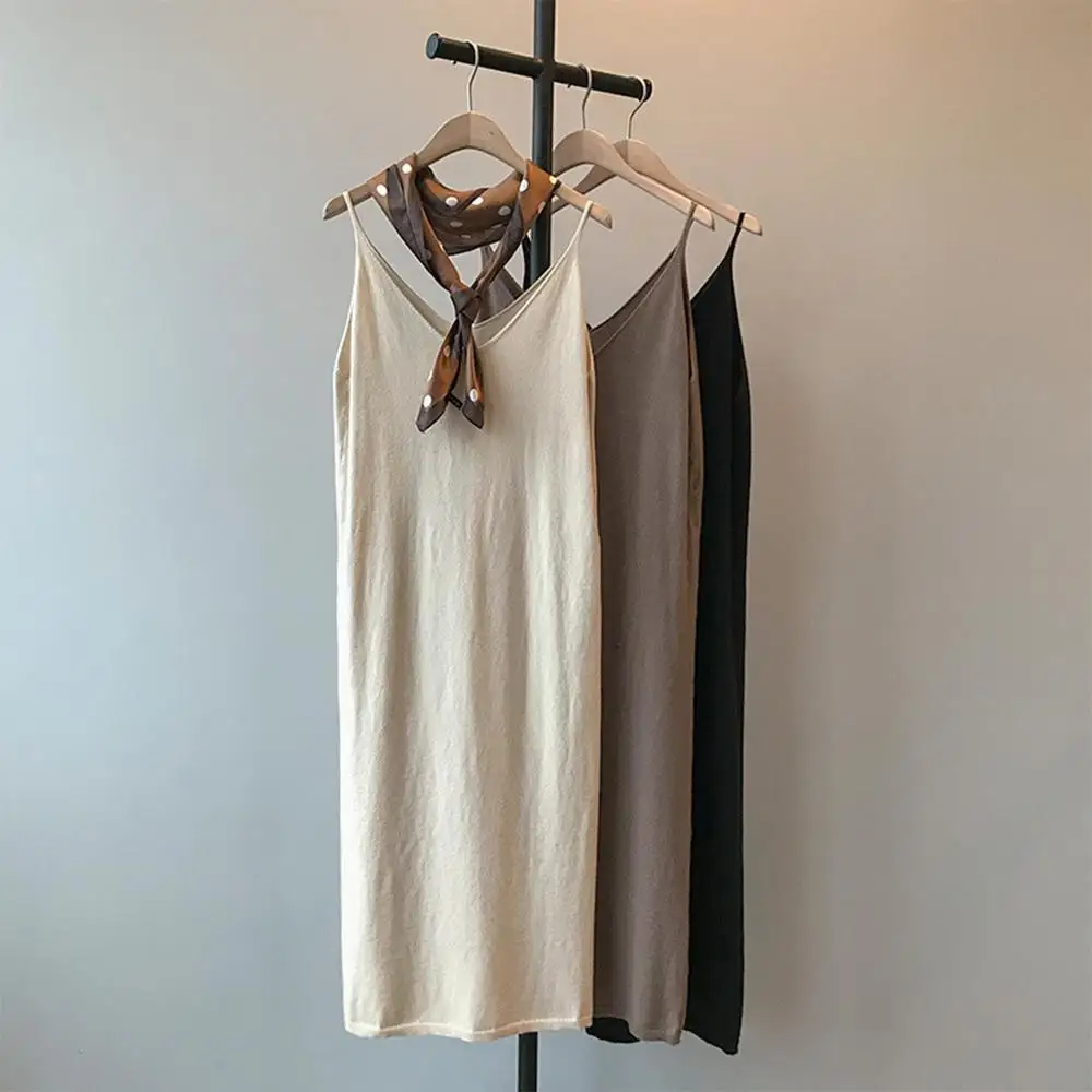 

V-neck long solid color sling knit vest slim slimming high 2019 spring new simple dress urban casual fashion wild