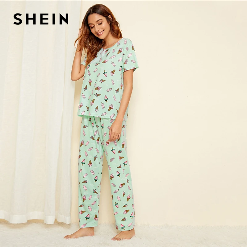 Kopen SHEIN Groen Ijs Print Pyjama Set Toevallige Korte Mouwen Lange Broek Pyjama Set Vrouwen Zomer Dames Nachtkleding Pyjama Sets