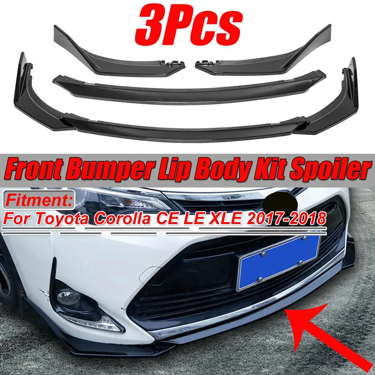 

3PCS Carbon Fiber Look/Black Car Front Bumper Splitter Lip Spoiler Diffuser Protector For Toyota For Corolla CE LE XLE 2017-2018