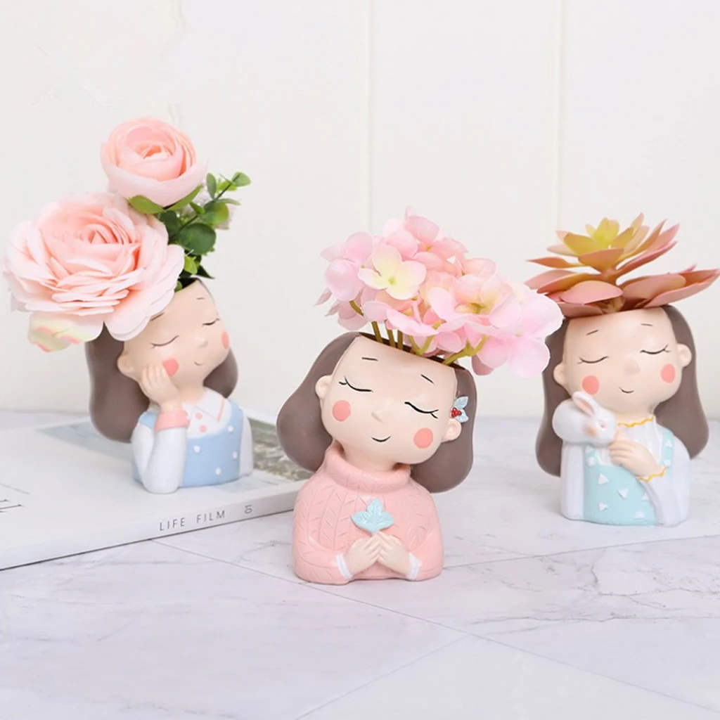 Garden Decor Flowerpot Succulent Planter Pot Vase Girl Figurines Desk Top Statue Figure, Micro Landscape Bonsai Holder Pot