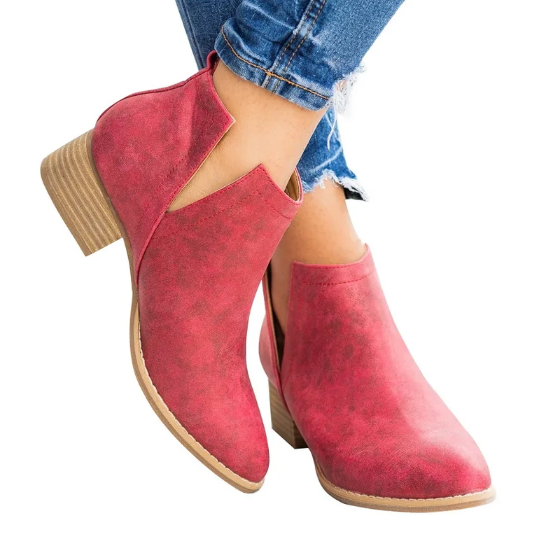Slip On Women Ankle Boots Pointed Toe PU Leather Low Heels Shoes Woman Booties Sexy High Heels Size 35-43 - Цвет: red