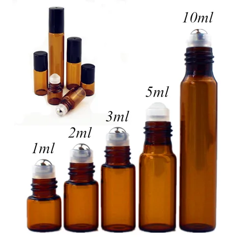 Rolo de Vidro Âmbar na Garrafa com Vidro Bola de Metal Rolo de Óleo Lote 2ml 3ml 5ml 10m Marrom Vidro Fino Essencial Frascos 50 Pçs – 1ml
