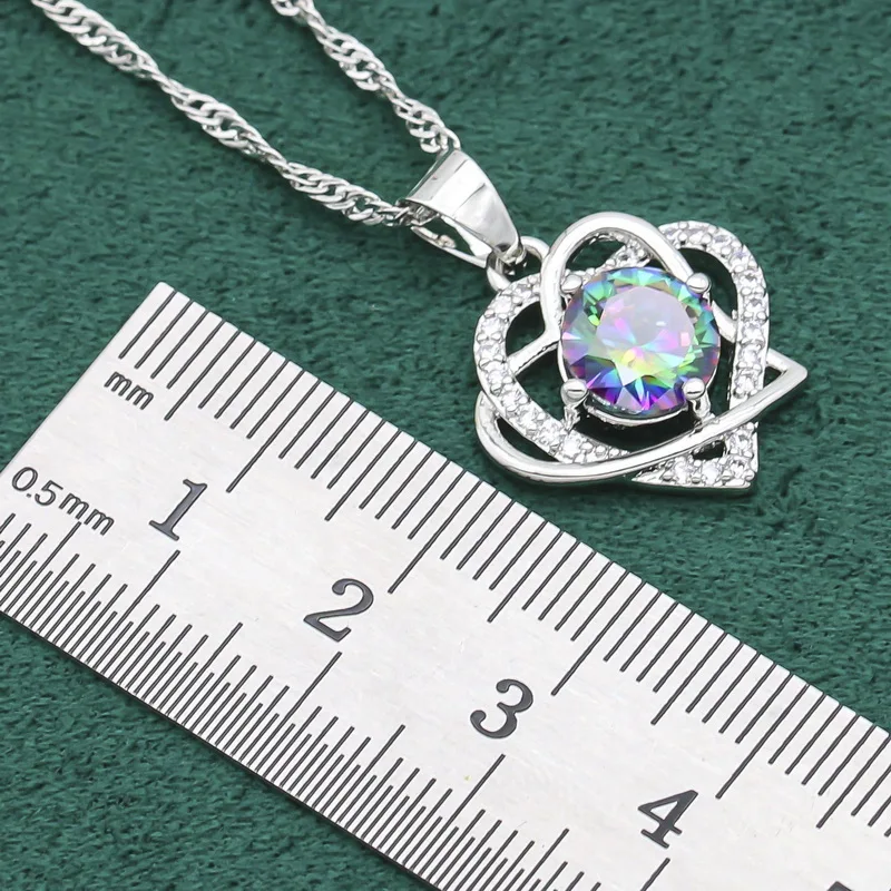 Silver Jewelry Set Heart Shaped 925 Silver Women Multicolour Topaz Bracelet Earrings Necklace Pendant Ring 4PCS