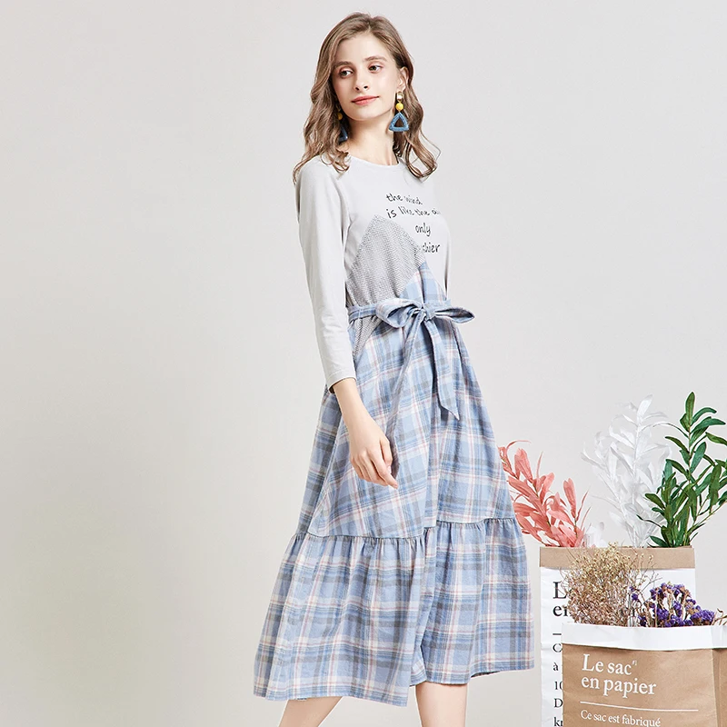 ARTKA Autumn New Women Dresses Irregular Plaid Stitching Dress With Belt Ruffled Casual Letter Print Dress Women LA15394Q