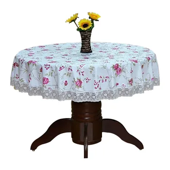 

Pastoral Round Table Cloth Plastic Waterproof Oilproof Table Cover Floral Printed Lace Edge Anti Hot Coffee Tea Tablecloth