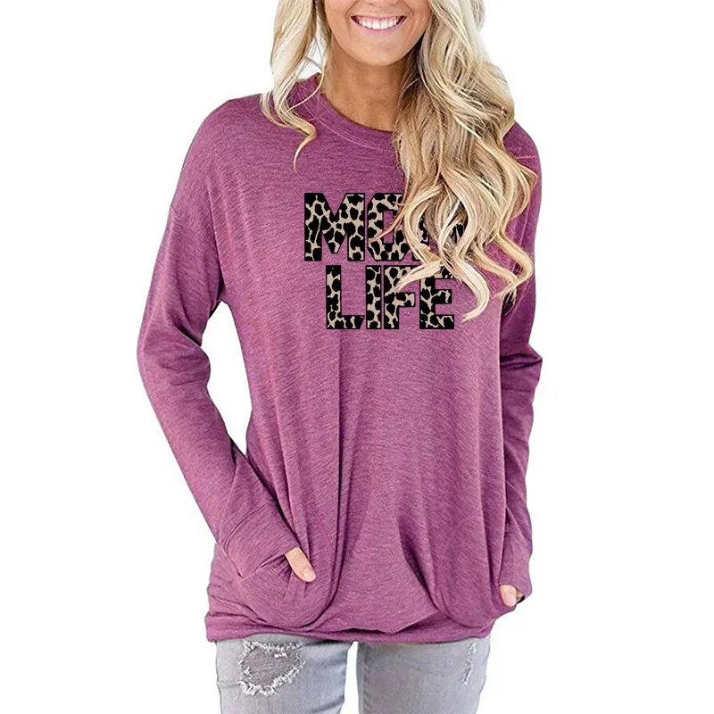 

New Women's T-shirt O-Neck Harajuku Colorful Leopard Mom Life Print Top Long Sleeve Casual Female T shirt Oversized Warm Autumn