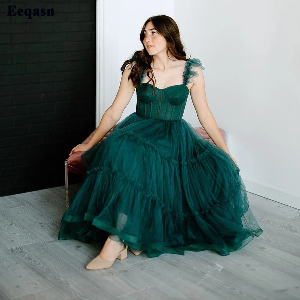 Eeqasn Simple Dark Green Midi Prom Dresses Spaghetti Straps Tiered Tulle Prom Gowns Sweeheart Ankle-Length Wedding Party Dress