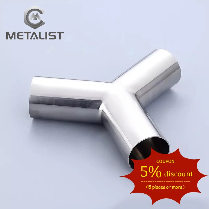 METALIST 51mm Pipe OD* 2mm Thickness SS304 Sanitary Butt Welding Y Shaped 3 Way Pipe Fitting Spliter 90 or 120 Degree