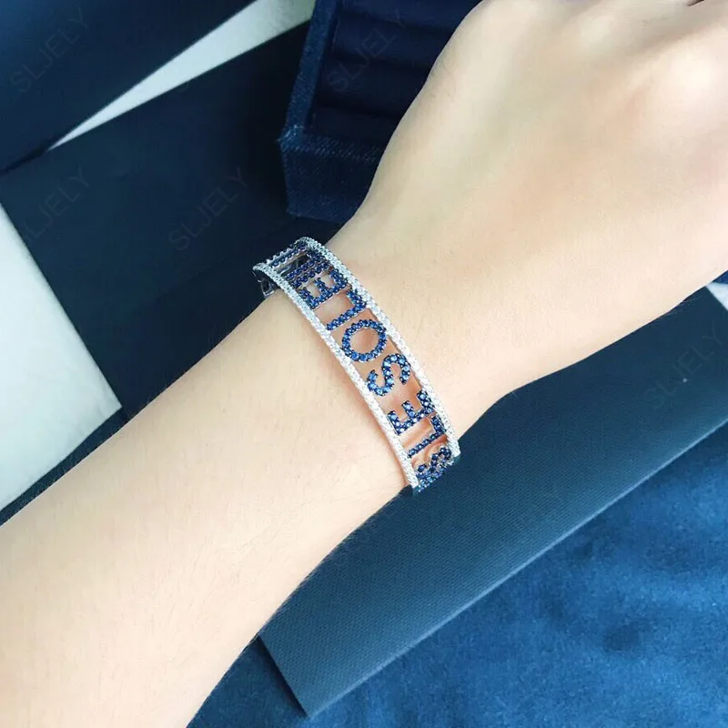 Baoyocn Luxury Brand 925 Sterling Silver Drak Blue SOLEIL Letters Open Cuff Bracelet Micro Cubic Zirconia Stones Bangle Women