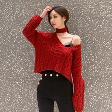 Korean style loose short twist halter sexy strapless ladies temperament long-sleeved knitted sweater