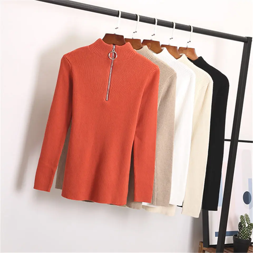 

Korea Autumn Winter Elastic Zipper Half Turtleneck Pullovers Sweaters Women Spring Sexy Apricot Knitted Sweater Female Top