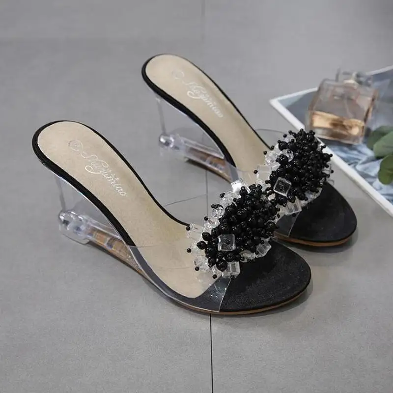 

Summer New Wedges Sandals Women Sexy Crystal Transparent High Heels Glass Slippers String Bead PVC Slippers Fashion Shoes 2020