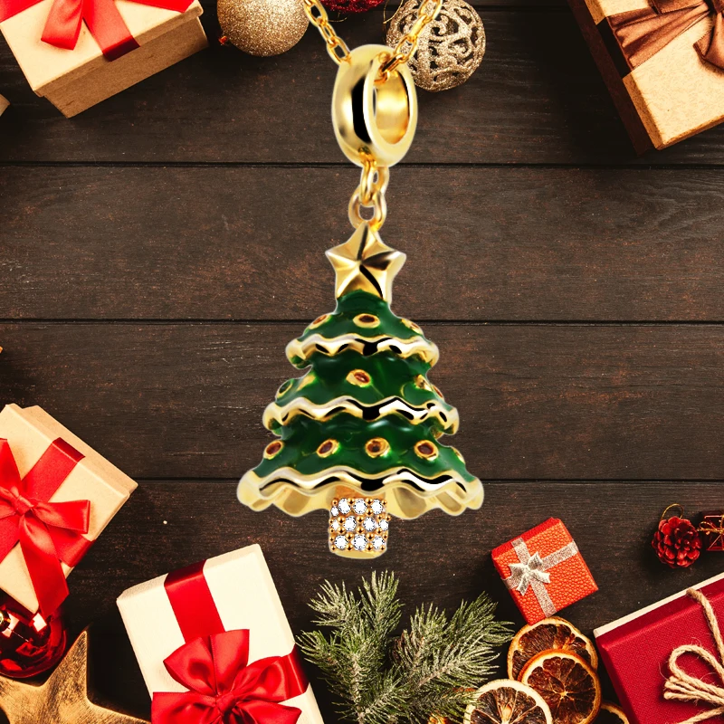 

StrollGirl 925 Sterling silver gold color Christmas tree pendant chain green enamel necklace for Women Christmas Jewelry gift