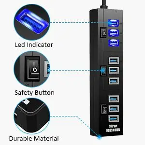 10 Порты и разъёмы 3,0 usb-хаб 5V 2A адаптер Зарядное устройство с переключателем внешнего Мульти USB разветвитель USB3.0 концентраторы для компьютера ПК ноутбук для мобильного телефона