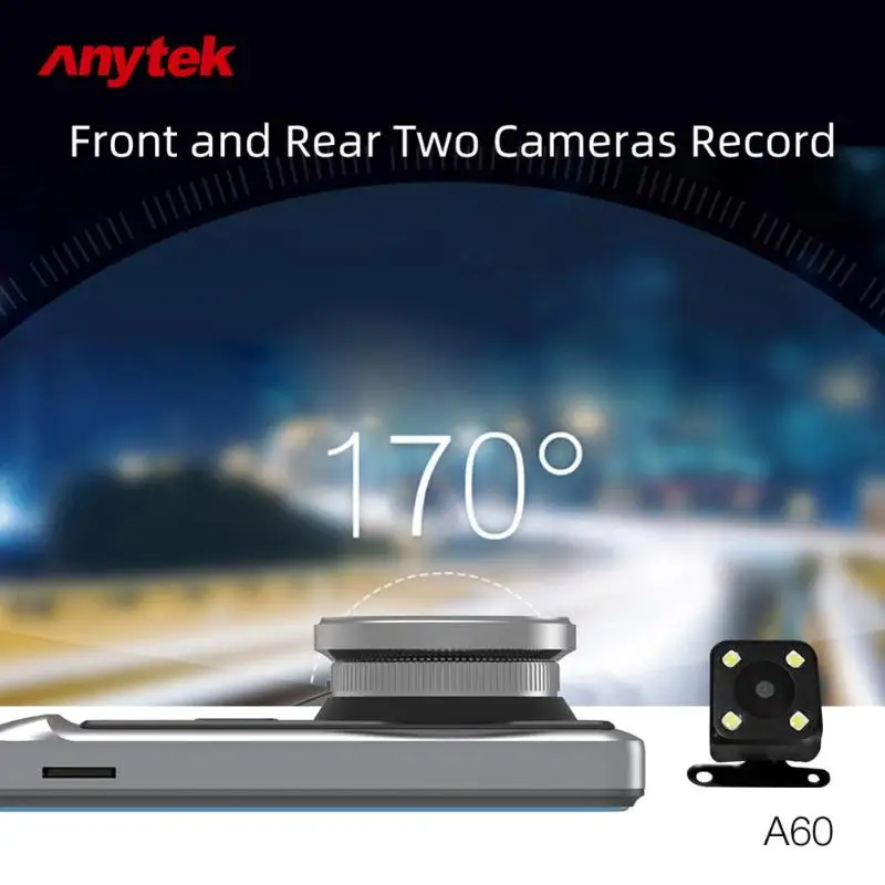 Anytek A60 Видеорегистраторы для автомобилей Камера HD 1080P Dashcam LDWS звездного неба, Ночное видение 4-дюймовый ips Экран Dual-запись 2.5D Экран Алюминий из алюминиевого сплава