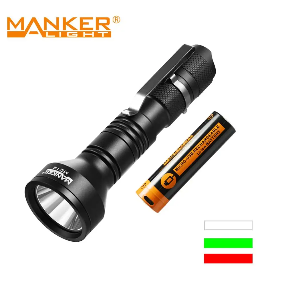 Manker MC12 Pocket Ultra-Throw Flashlight with NM1 LED (White/Green/Red Light option) + USB Rechargeable 18650 Li-ion Battery