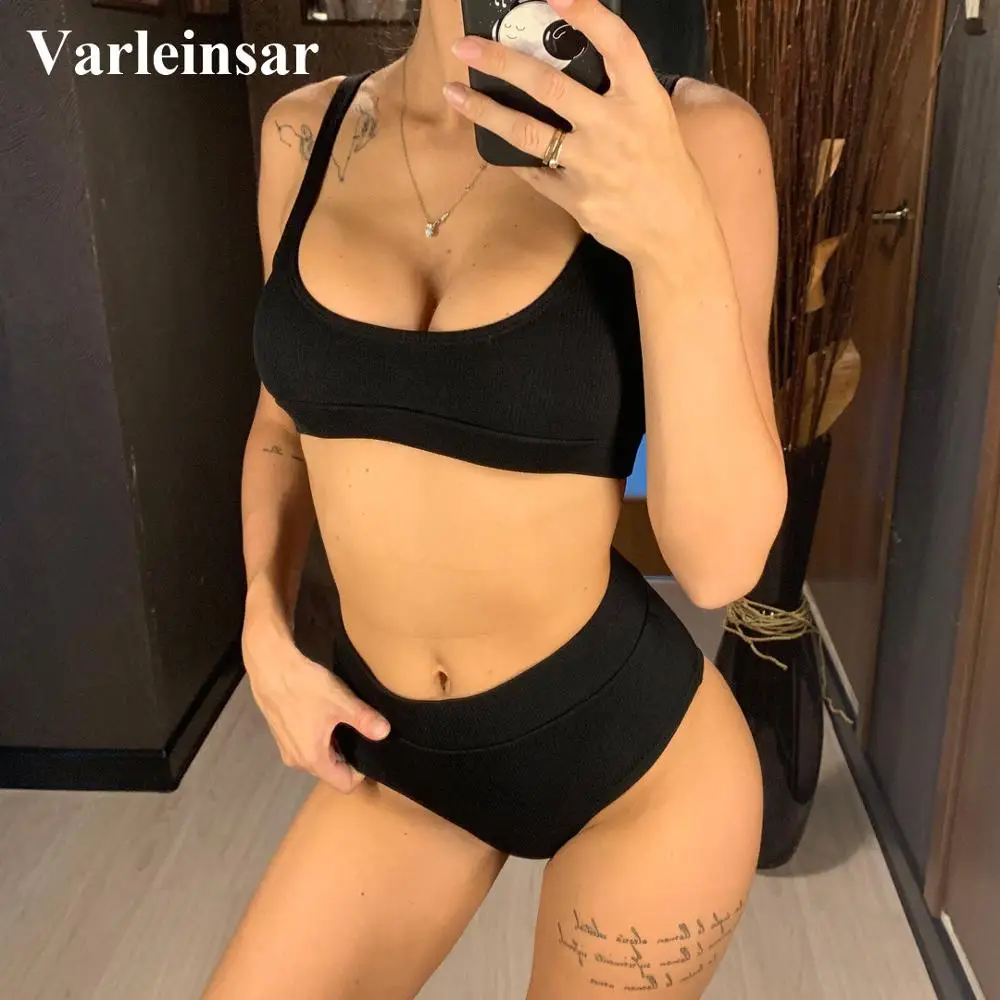 

New Black Ribbed Swimsuit High Waist Bikini 2019 Women Swimwear Two-pieces Bikini set Bather Bathing Suit Swim Wear V1614