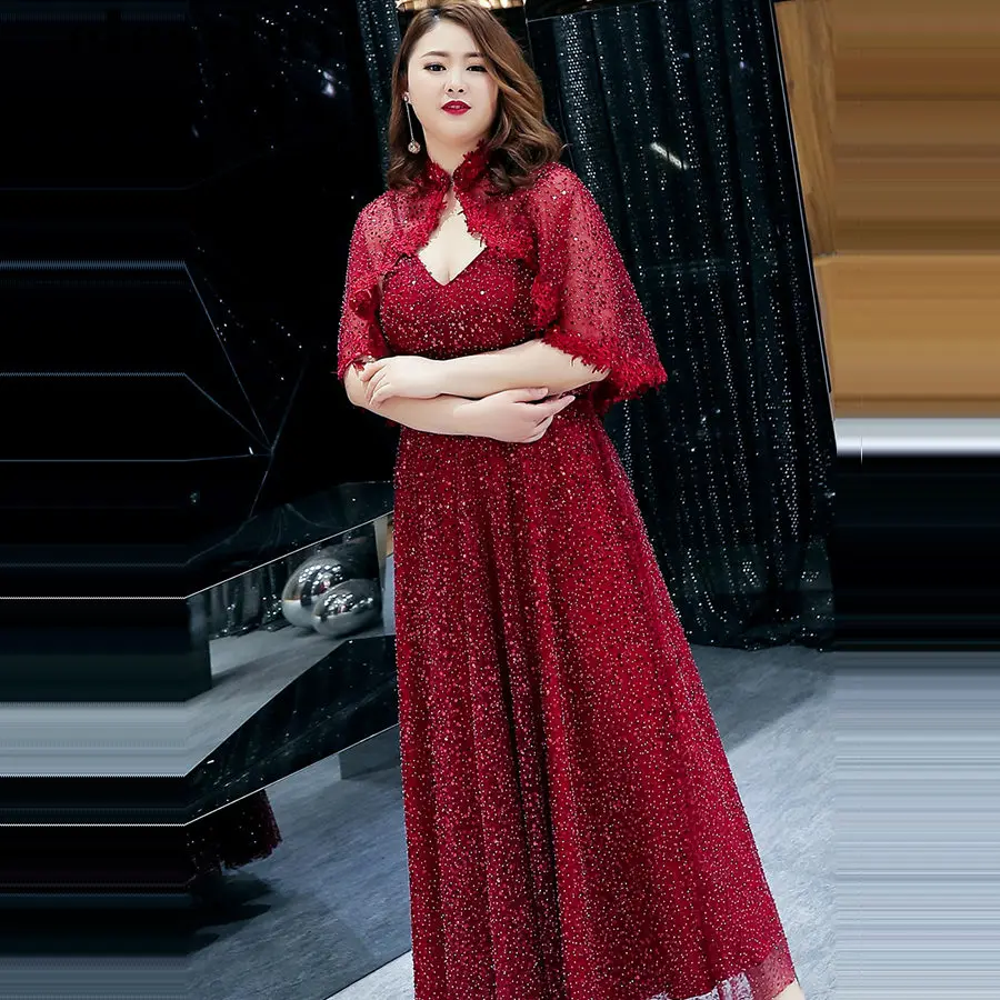 

Burgundy Shawl Evening Dress Plus Size sequins Women Party Dresses elegant Luxurious Robe De Soiree Lace Evening Gown 2019 T132