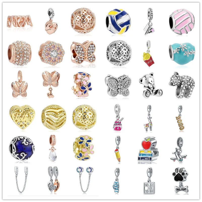 

2019 new mom daughter openwork flower butterfly baer fries bow diy bead fit pandora charms bracelet for women jewelry S053