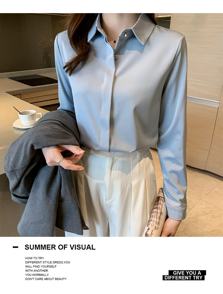 2022 Autumn Satin Women's Shirts Fashion Silk Button Solid OL Elegant Ladies Tops Long Sleeve Blouse Basic Women Shirts Blouses