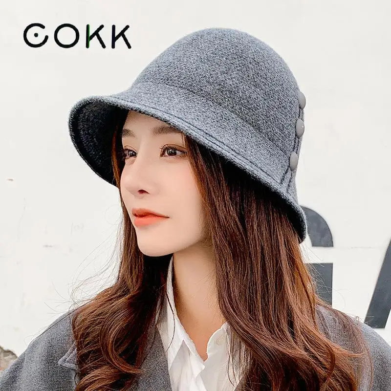 

COKK Bucket Hat Women Autumn Winter Wool Hats Fisherman Cap With Button Vintage Bob Round Top Casual Gorros New Fashion 2020