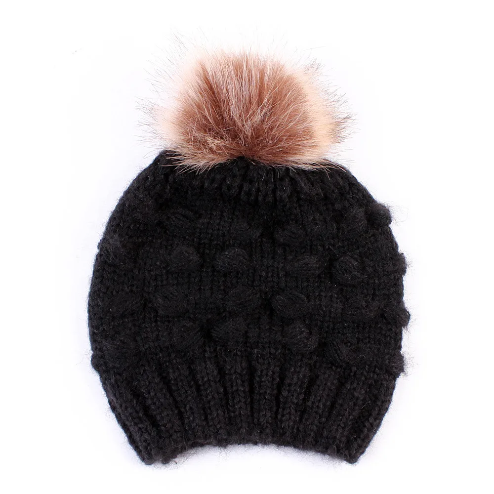 Милые детские шапки для маленьких мальчиков и девочек, зимний теплый вязанный вязаный головной убор года, брендовая шапочка мех, помпон, детская шапка s - Цвет: black