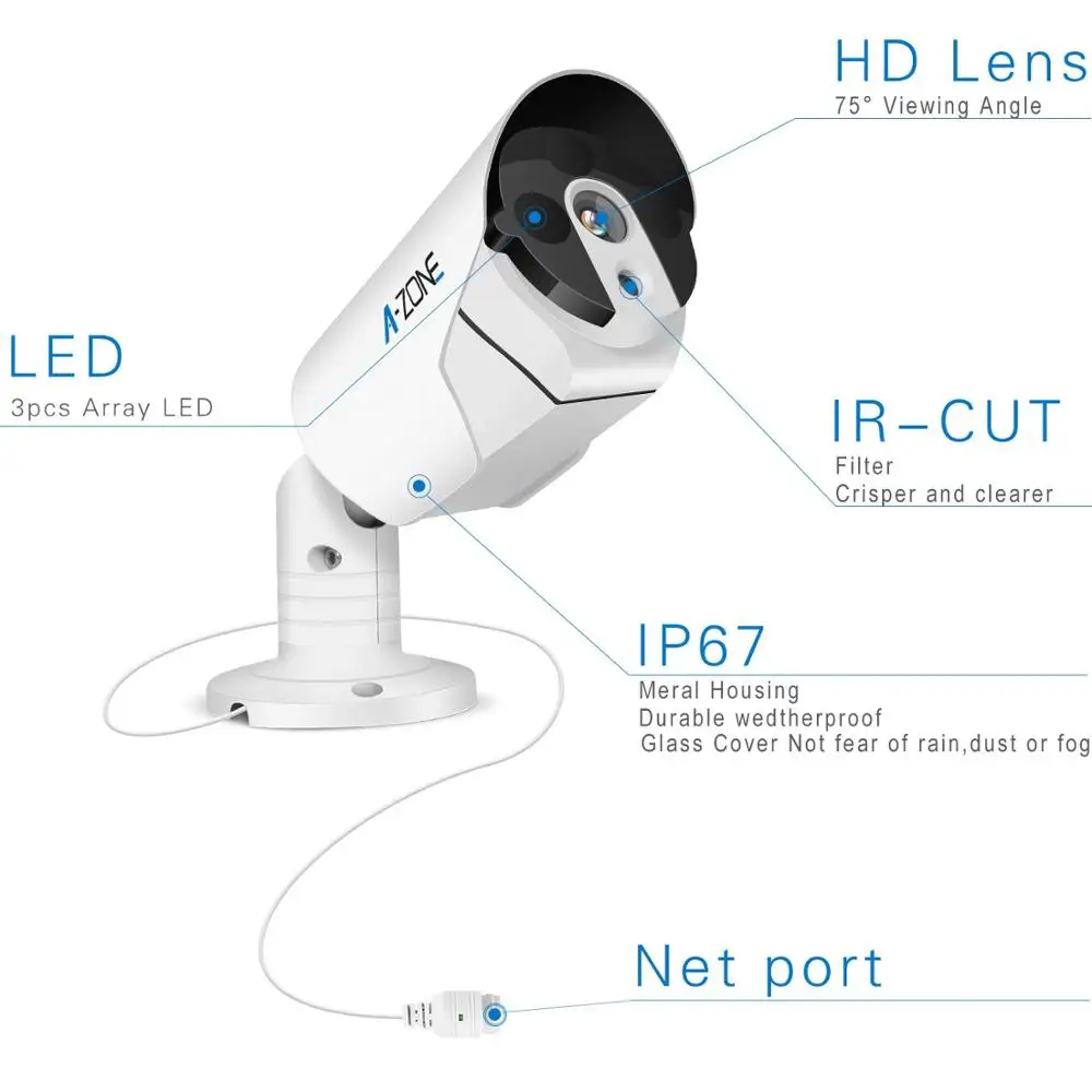  A-ZONE POE IP Camera 1080P Outdoor Waterproof ONVIF Audio Record H.264 2.0MP P2P Home CCTV Security - 4.00022E+12