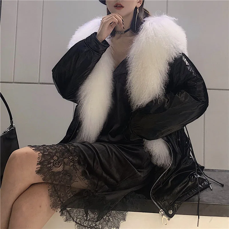 Manteau femme hiver пуховик женский с капюшоном с натуральным настоящим овечьим мехом воротник размера плюс пальто шапка Толстая теплая парка натуральный мех