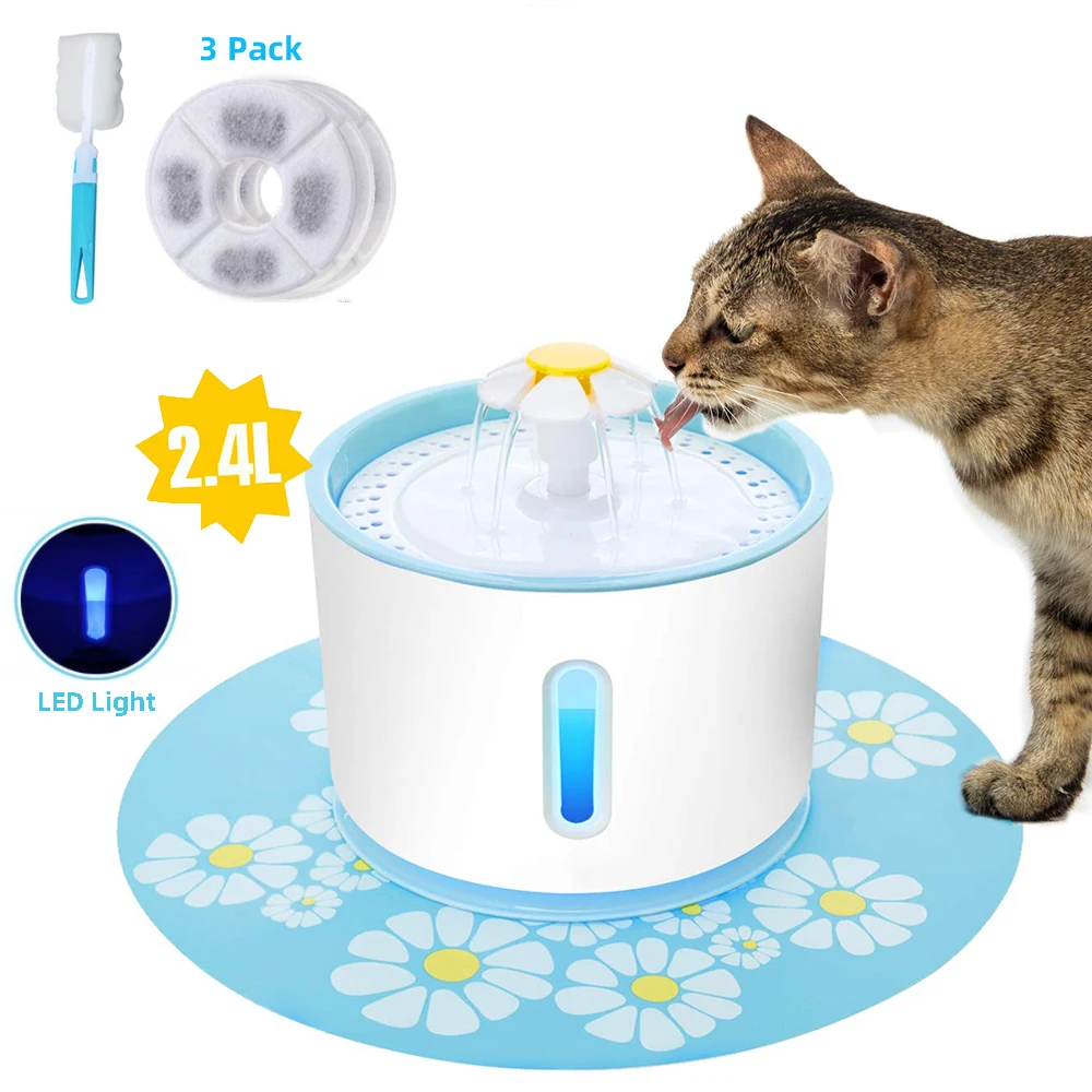 

Automatic Pet Cat Water Fountain LED Light 2.4L USB Dog Drinker Feeder Drinking Bowl Dispenser With 3 Carbon Filters and 1 Brush