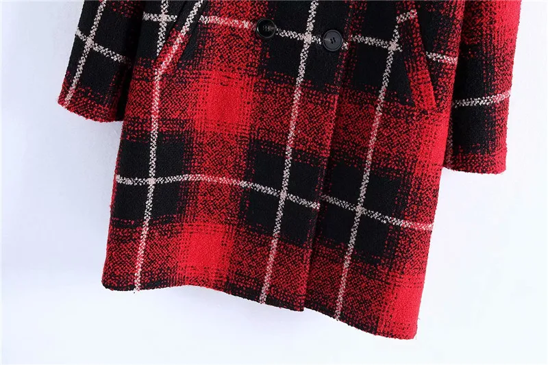 GCAROL New Women Check Overcoat Notched Collar Double Breasted Plaid Red Coat Oversize OL Office High Street Outfits