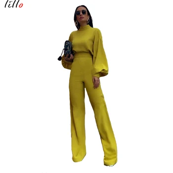 

High Street Boot Cut Spring and summer new half-high collar lantern sleeves simple and elegant OL wind jumpsuit fashion temperam