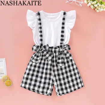 

NASHAKAITE Baby Girl Clothes Set White Top +Plaid Pants Clothing Set Summer Baby Clothing For 3-18 Months