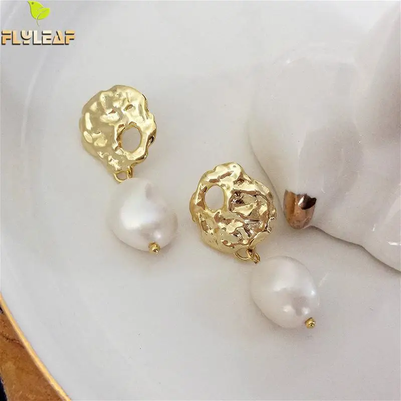 

Flyleaf 18k Gold Drop Earrings For Women Real 925 Sterling Silver Fine Jewelry Irregular Hollow Pearl Earings Fashion Jewelry
