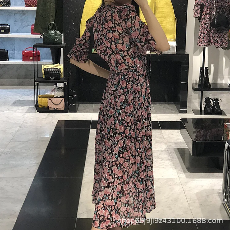 

19 Spring And Summer New Style Hong Kong Style Elegant Capri Bubble Ladies' Printed Lace-up Dress