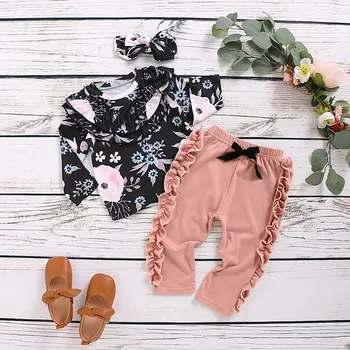 

Newborn Girl Pullover Three Piece Infant Long Sleeve Sweet Cute Flower Print Top Trousers Hairband Baby Round Collar Set