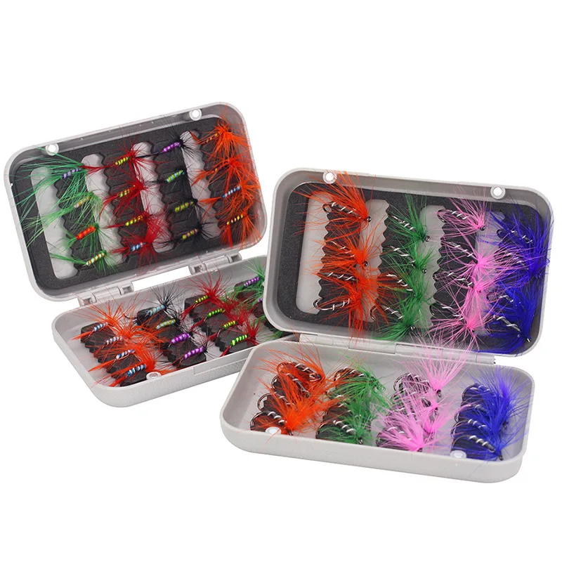 

32pcs fly-fly hook set insect bait water surface for fishing with five-color feather flying rope and fly-line fishing bait fish