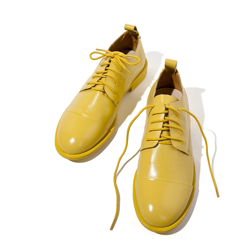 Туфли-оксфорды на плоской подошве в британском стиле; Женская Весенняя мягкая коровья кожа оксфорды; повседневная обувь на плоской подошве; женская обувь на шнуровке в стиле ретро; броги - Цвет: Цвет: желтый