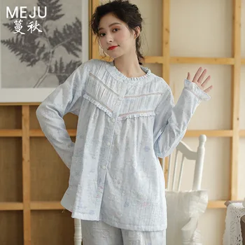 

New Style Pajamas Women's Gauze Cotton Long Sleeve Trousers Set Household Pajamas Summer Trend Pajamas