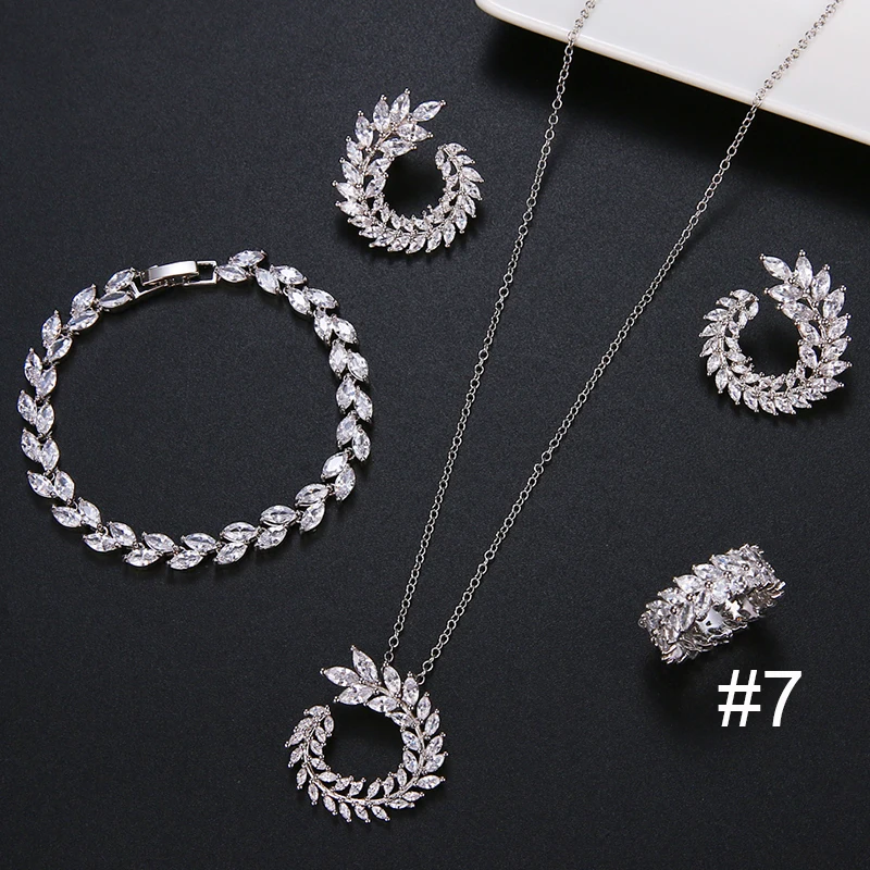 4 Pcs Set Ring7 4 шт. в форме листа, модное CZ ожерелье, серьги, браслет и кольцо, наборы, брендовые циркониевые серебряные Ювелирные наборы, Женские аксессуары - Окраска металла: 4 Pcs Set Ring7