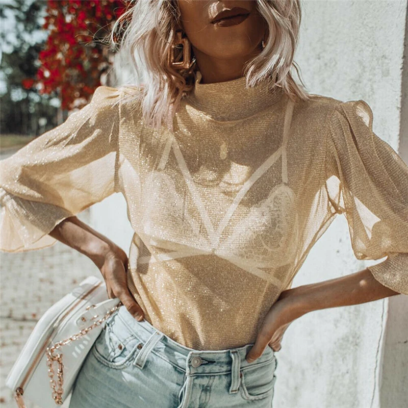 

New Sexy Women Chiffon Summer Shirts Blouses Long Sleeve High Neck Female Sheer Mesh Fish Net Blouse TOPS