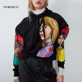 

Painting printed hooded pullover ladies black loose long sleeve short casual sweatershirt