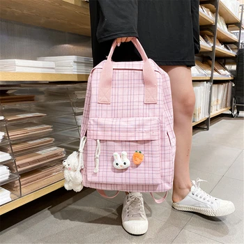 

Cute Rabbit Lattice Print Teenager Girl Backpack Patchwork Canvas Summer Casual School Backpack Zipper Women Korean Backpacks