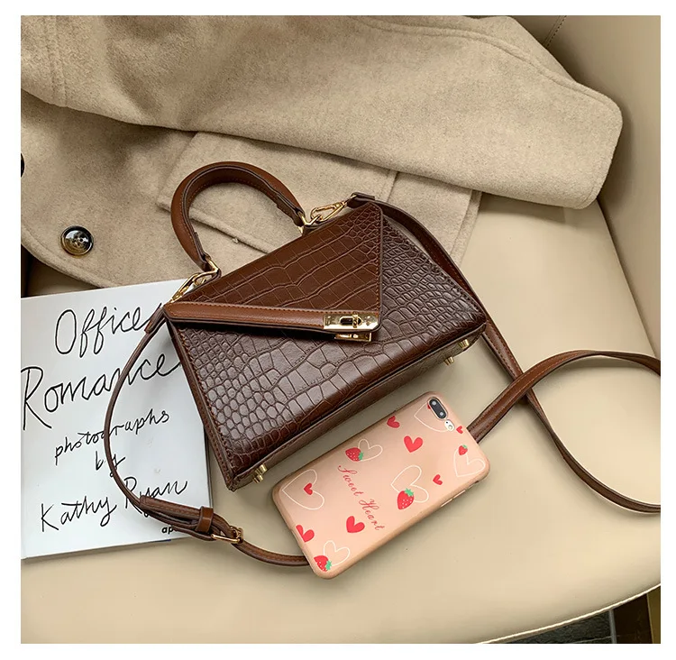 Women Small Top Handle Bag Luxury Brand Trapezoid Shaped Handbag for Women Girls Crocodile Print PU Leather Cross body Bag Beige (17)
