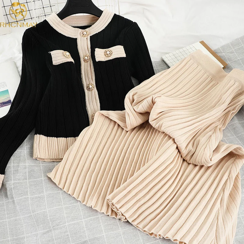 2021 Spring Autumn Knitted 2 Piece Set Chic Office Ladies Single Breasted Pearl Buttons Cardigan Sweater+Pleated Long Skirt Suit |