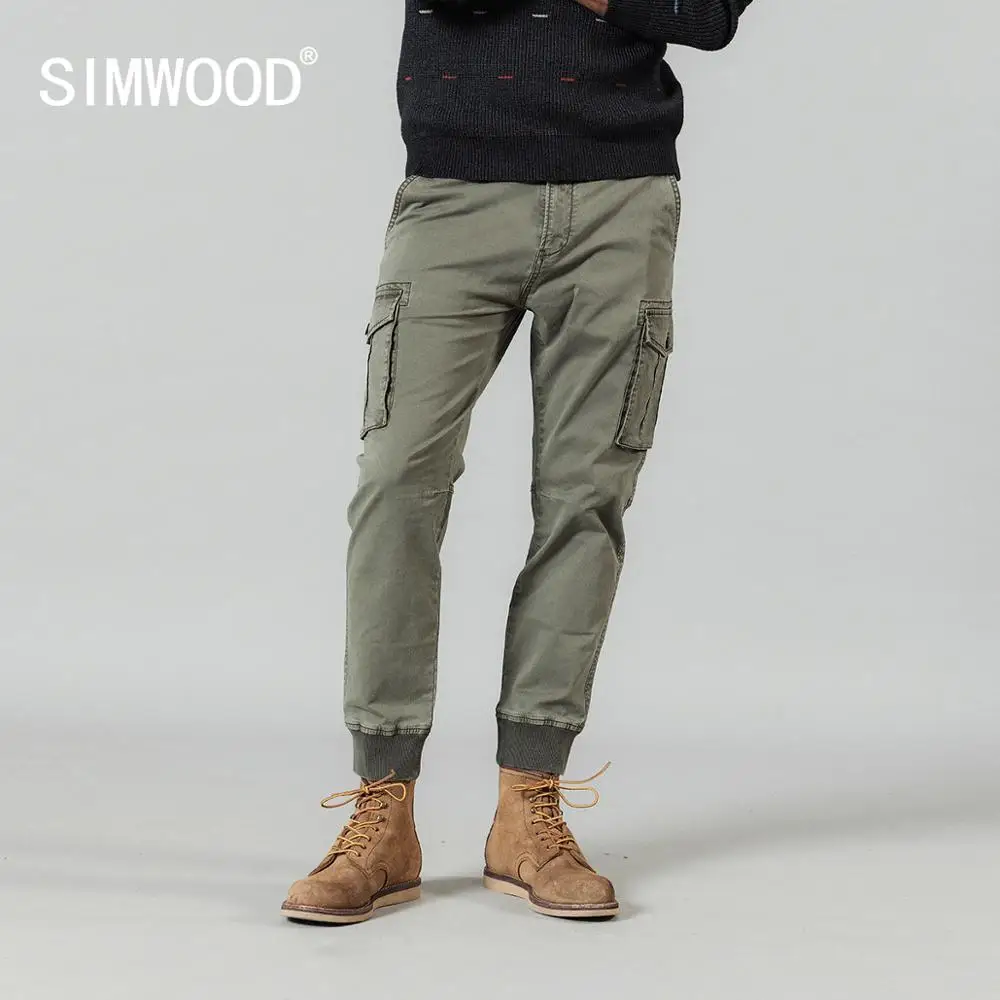 

SIMWOOD 2020 spring new cargo pants men washed vintage streetwear tactical pants pockets loose plus size ankle-length trousers
