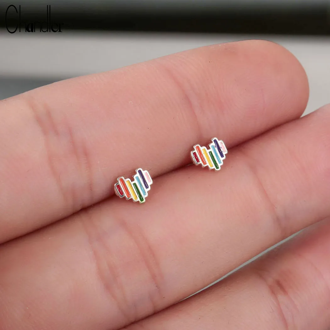 Chandler 2020 Rainbow Color Love Earring cute personality Multi-color Heart Enamel Stud Earrings For Girls Mini Small Bronics